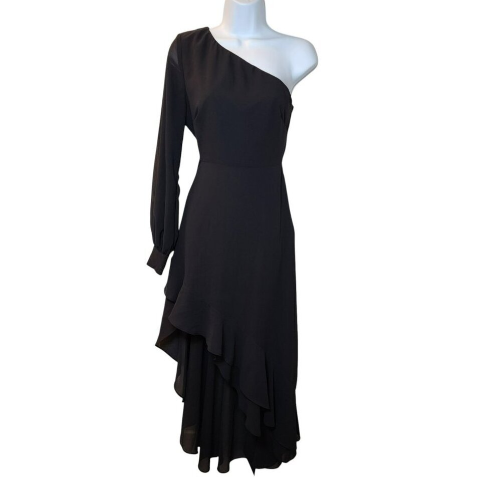 Belle Badgley Mischka Black One Shoulder Ruffle Floor Length Formal Gown Size 2